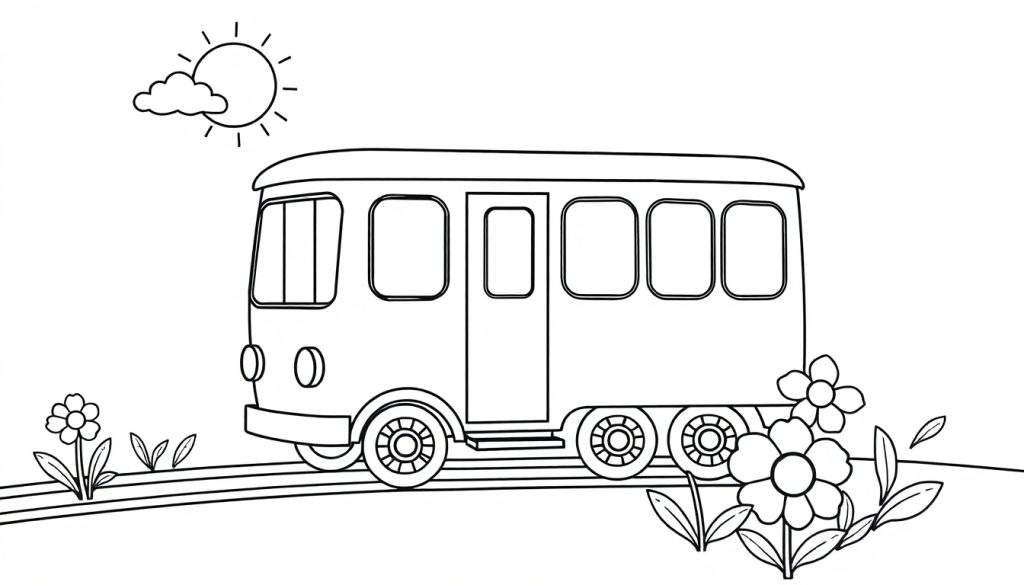 A cute black and white tram with a rounded roof, multiple windows, and three sets of wheels, driving through a field of flowers under a sunny sky with a small cloud. This is a color panel for kids.