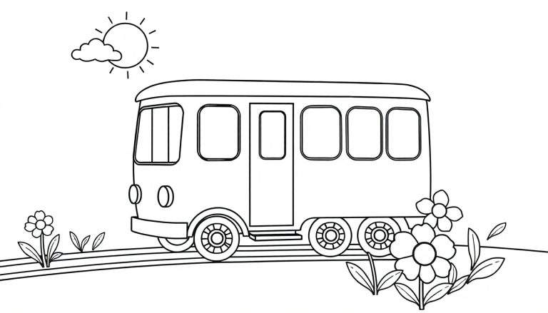 A cute black and white tram with a rounded roof, multiple windows, and three sets of wheels, driving through a field of flowers under a sunny sky with a small cloud. This is a color panel for kids.