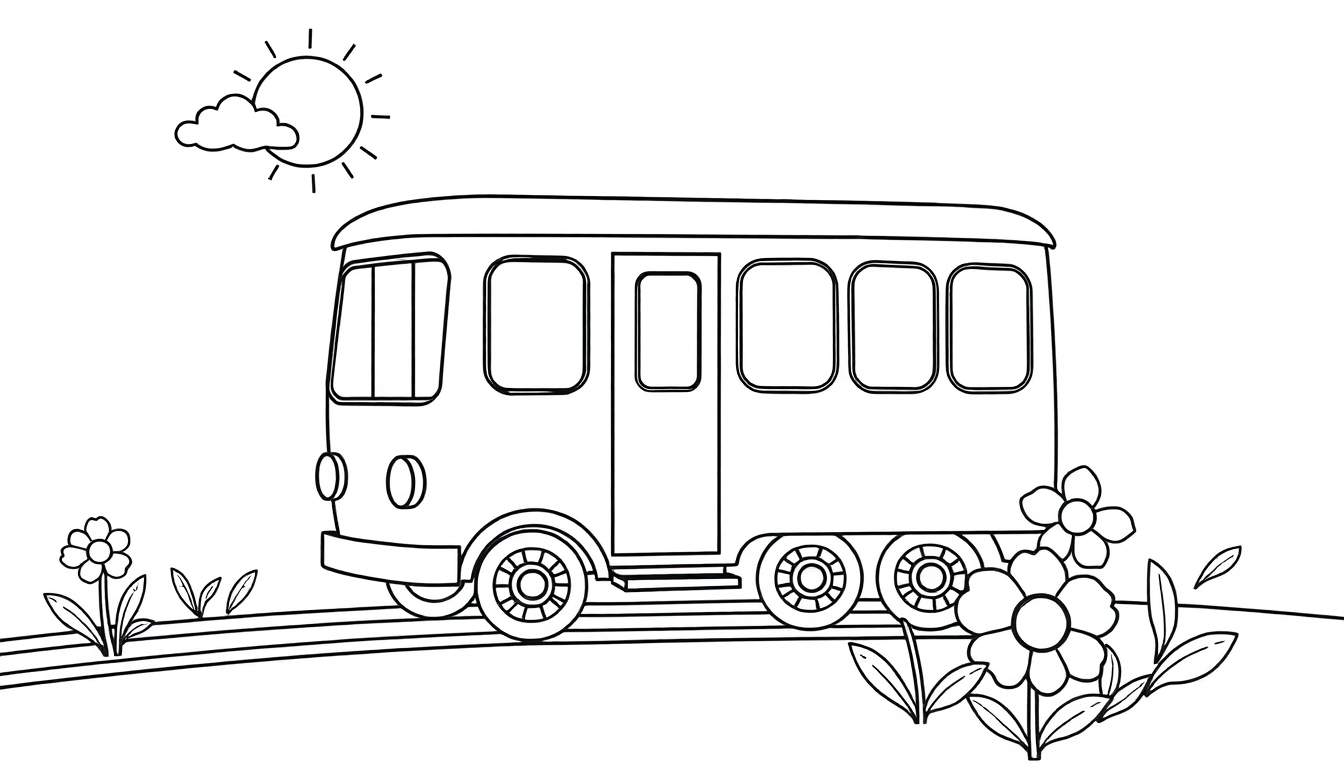 A cute black and white tram with a rounded roof, multiple windows, and three sets of wheels, driving through a field of flowers under a sunny sky with a small cloud. This is a color panel for kids.