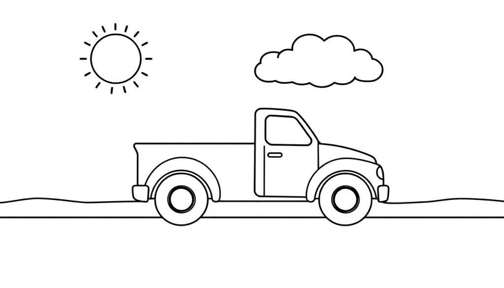 A friendly red truck coloring panel driving on a sunny road.