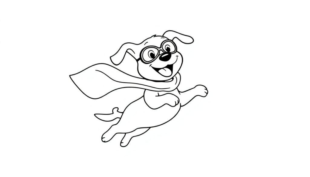 A friendly cartoon dog with glasses and a flowing scarf, ready to color in this fun color panel.