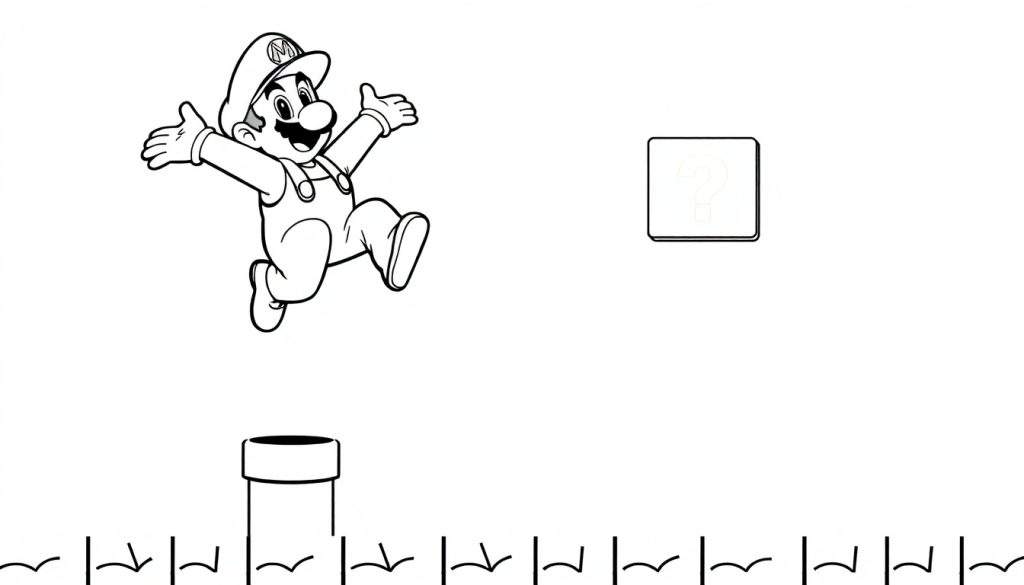A black and white coloring panel of Mario jumping with joy, ready for color!
