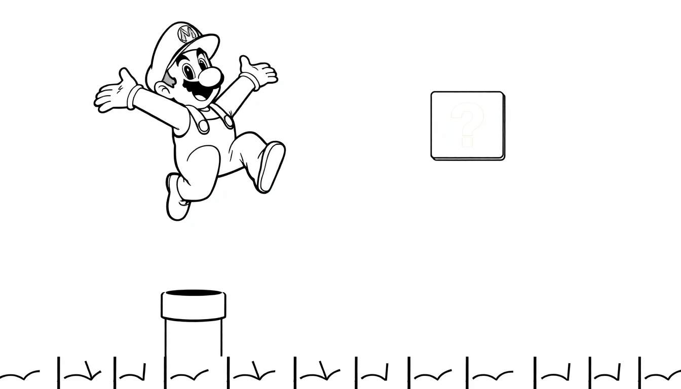 A black and white coloring panel of Mario jumping with joy, ready for color!