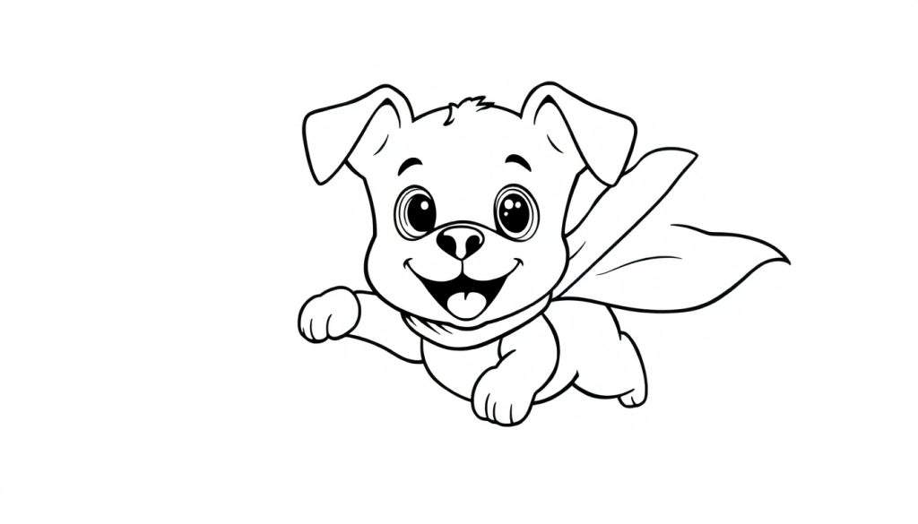 A cute cartoon superhero puppy flying with one paw out, in a black and white color panel.