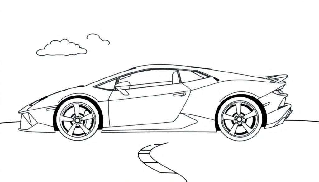 A black and white Lamborghini Huracan outline, ready for a color panel adventure.