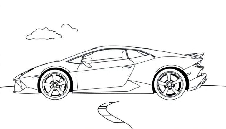 A black and white Lamborghini Huracan outline, ready for a color panel adventure.