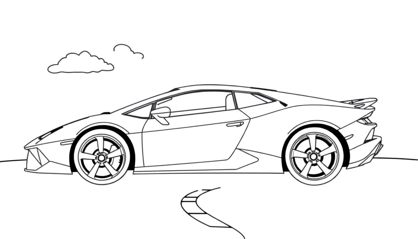A black and white Lamborghini Huracan outline, ready for a color panel adventure.