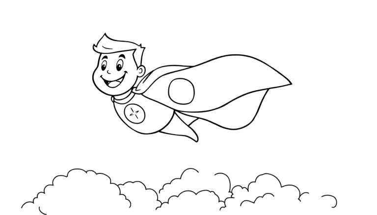 A happy cartoon boy superhero with a star emblem and billowing cape flies above clouds, ready for a color panel adventure.