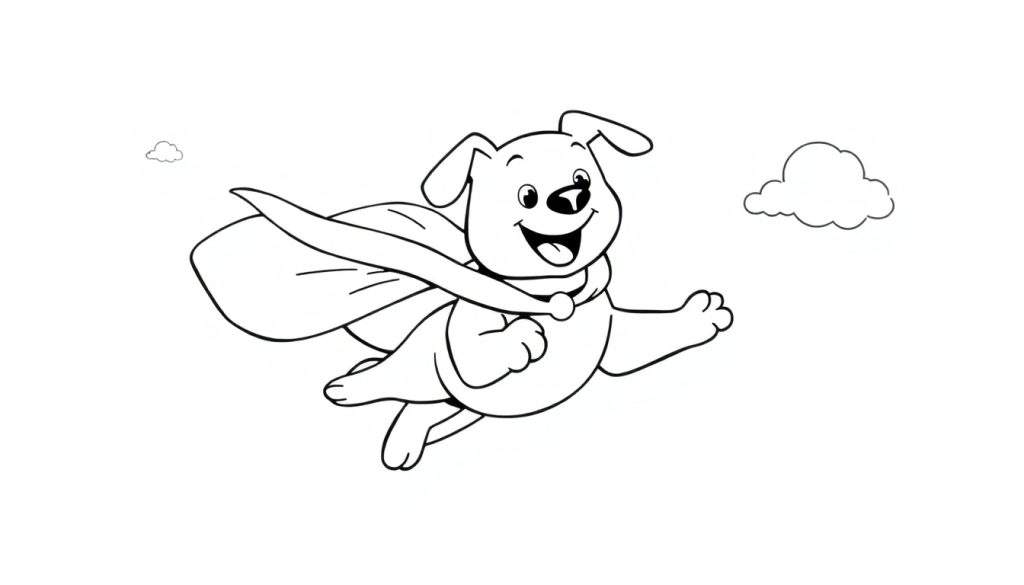 A friendly black and white cartoon dog with a superhero cape flying through the air, on a color panel for fun.