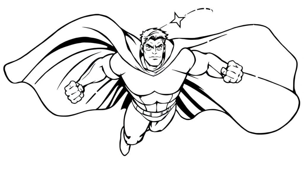 A black and white illustration of a muscular superhero flying, cape billowing, ready for action, with a star motion trail above. A ready-to-color panel.