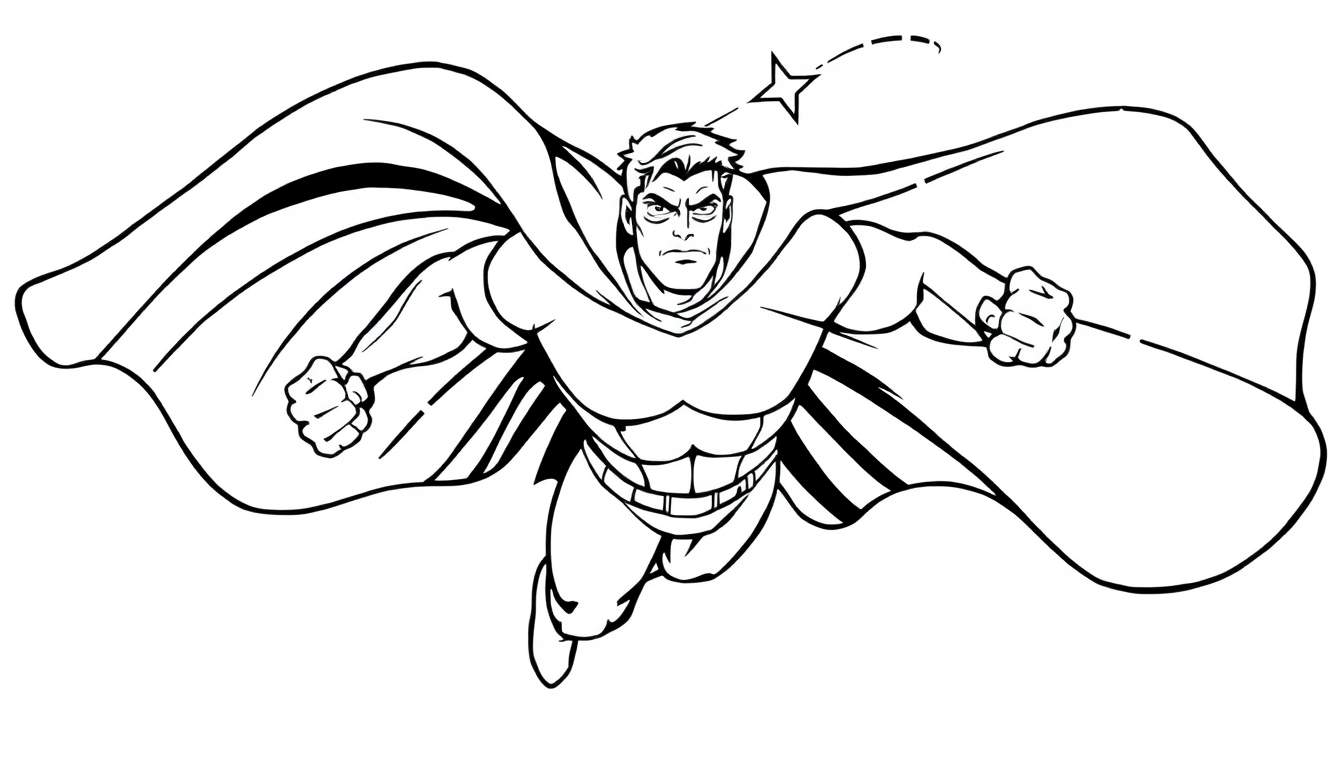 A black and white illustration of a muscular superhero flying, cape billowing, ready for action, with a star motion trail above. A ready-to-color panel.
