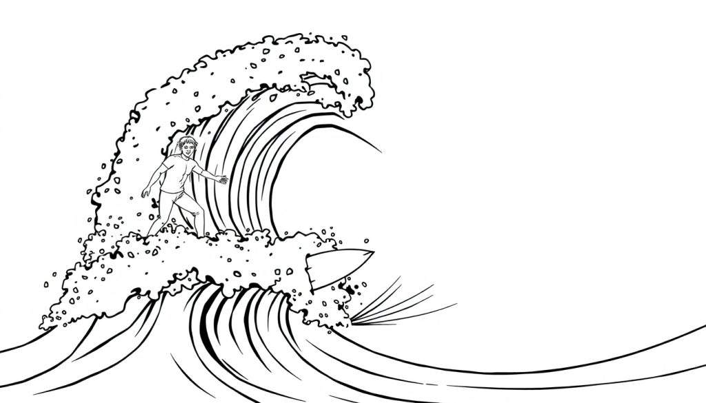 A black and white illustration of a surfer riding a wave, perfect for a color panel adventure.