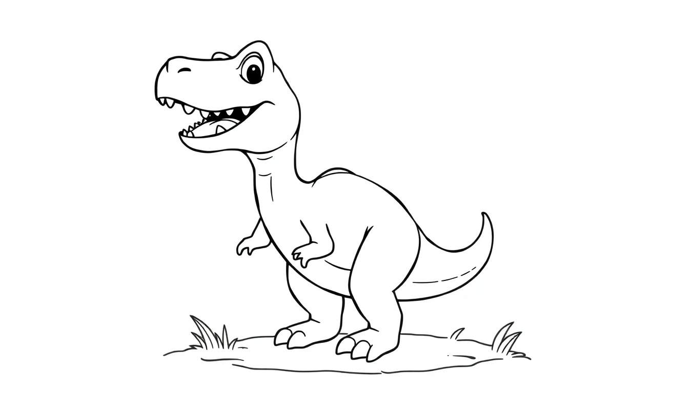 A friendly T-Rex coloring panel with a big smile.