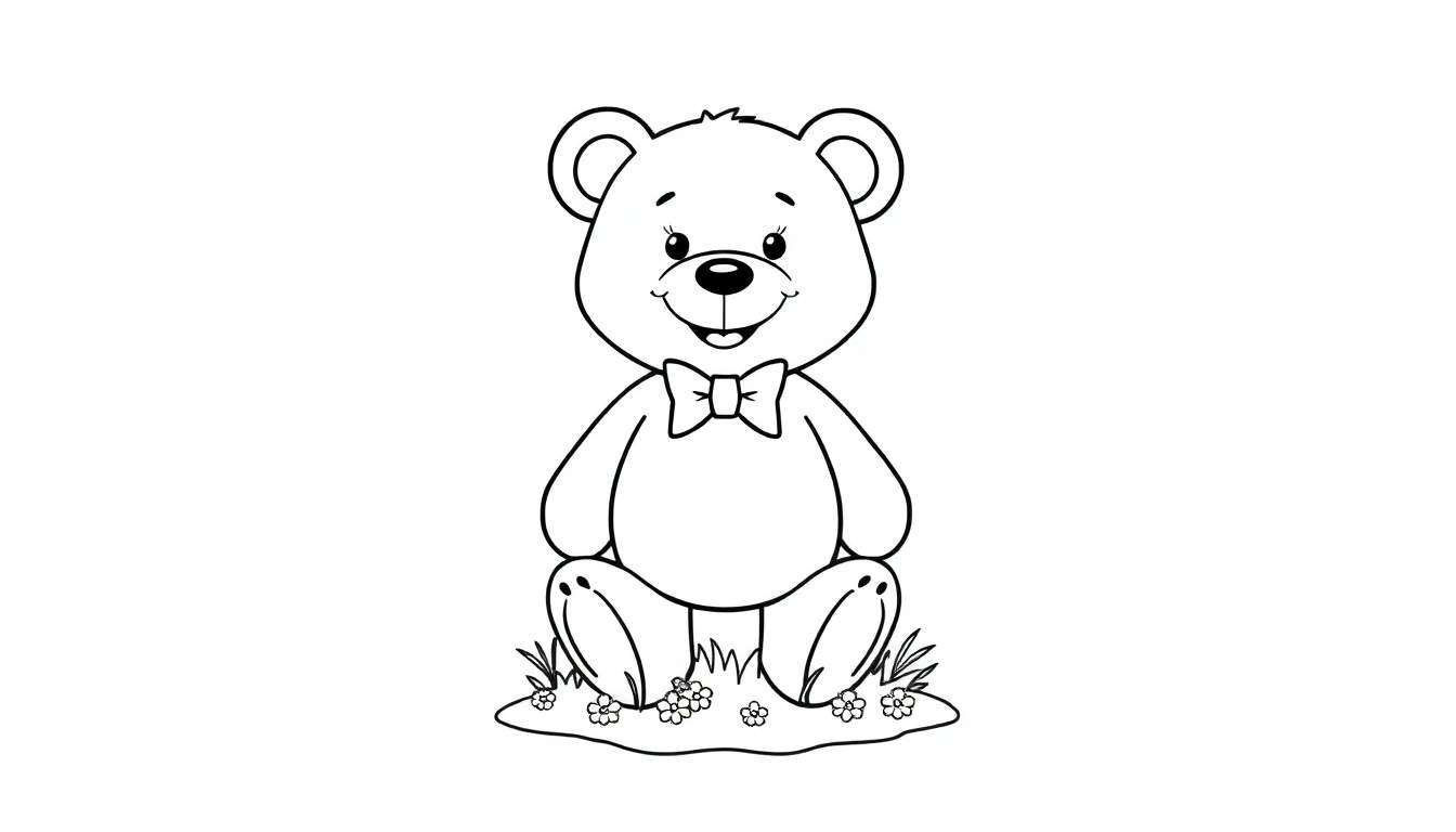 A black and white color panel of a cheerful teddy bear wearing a bow tie, sitting amongst flowers and grass, ready for coloring.