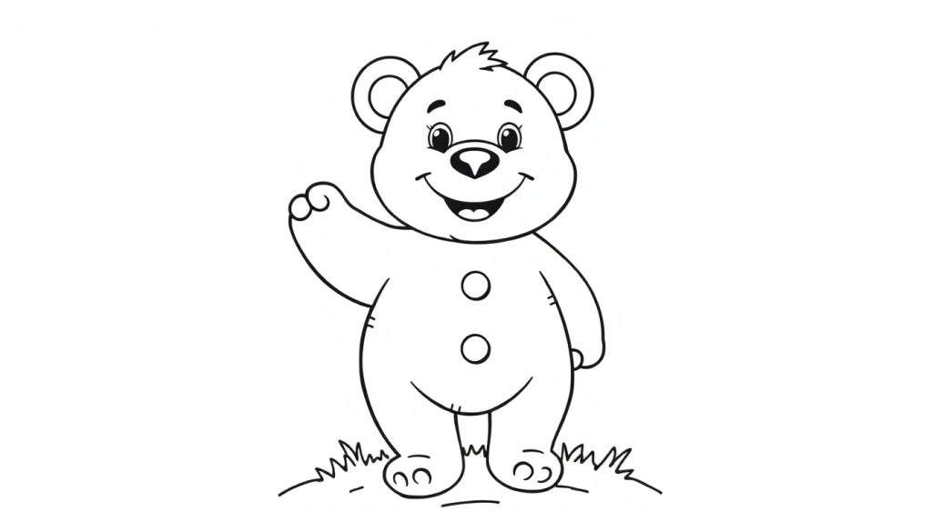 A friendly teddy bear in a black and white outline color panel, waving hello, ready for coloring.