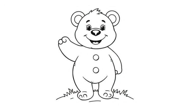 A friendly teddy bear in a black and white outline color panel, waving hello, ready for coloring.