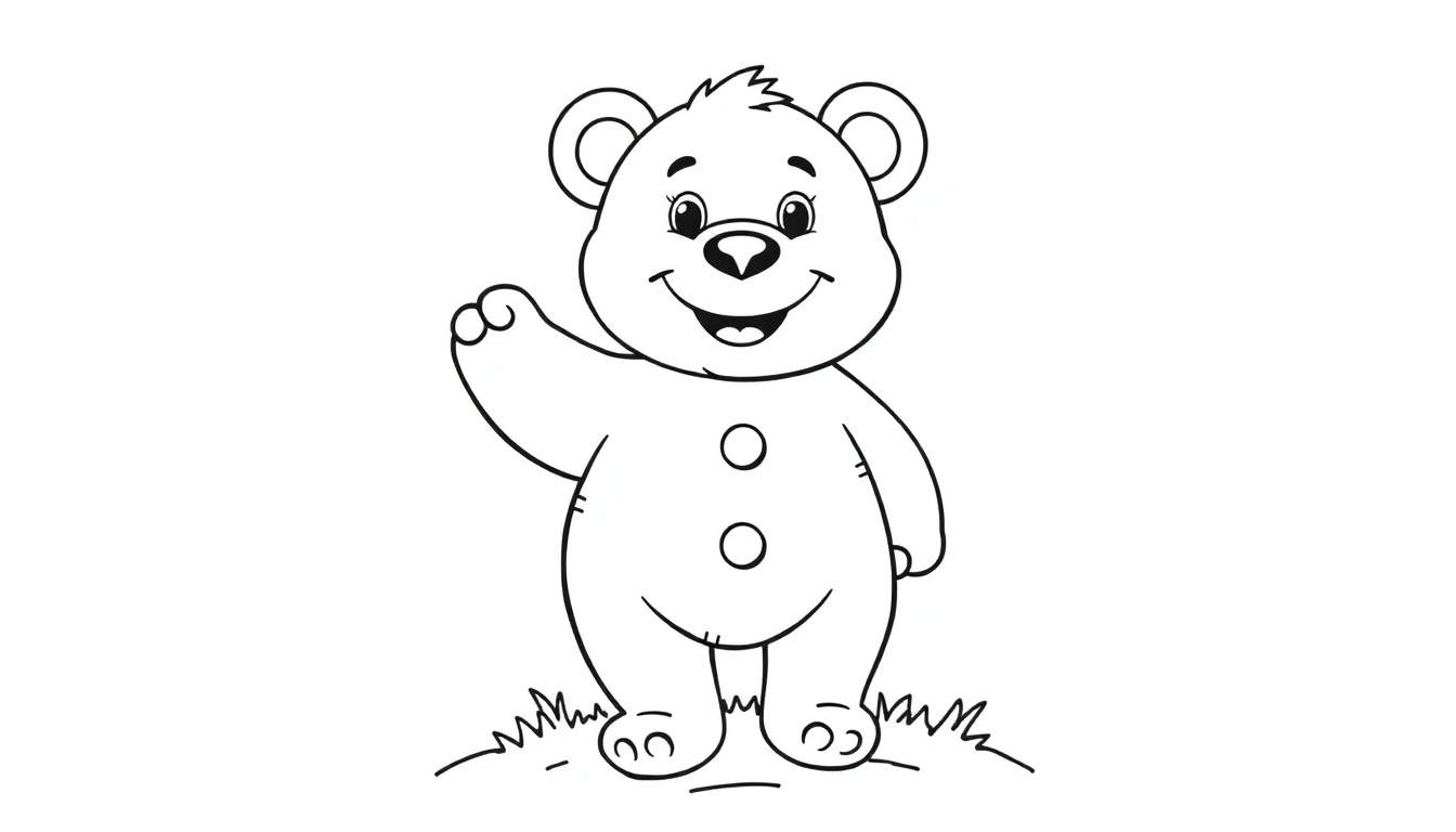 A friendly teddy bear in a black and white outline color panel, waving hello, ready for coloring.