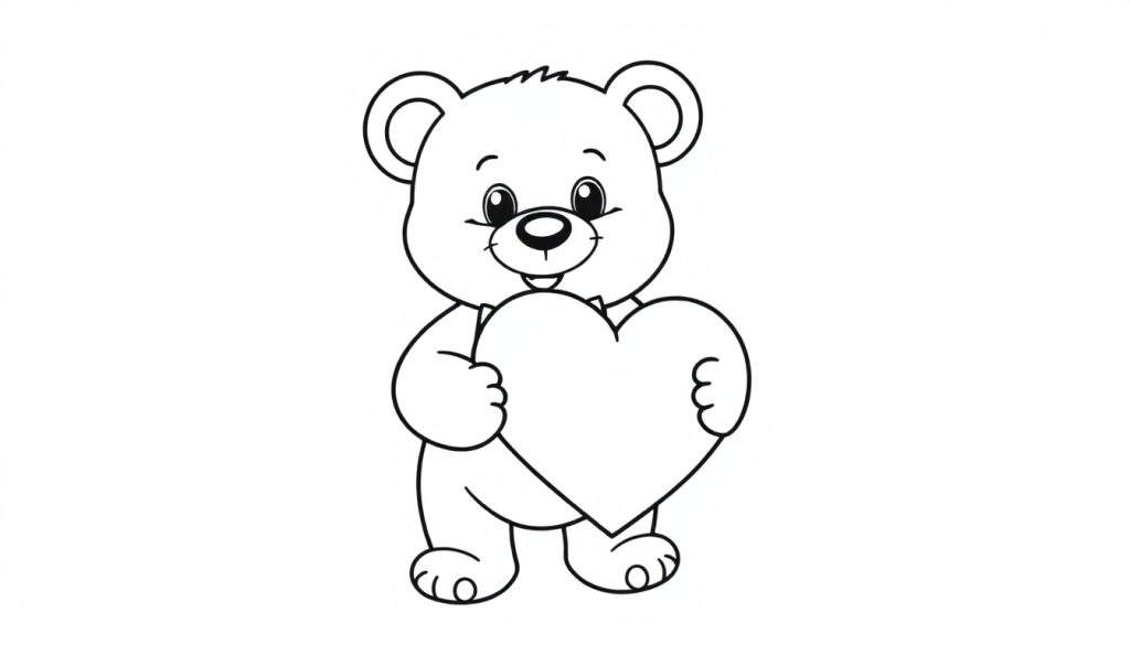 A cute teddy bear in a black and white outline, holding a big heart, perfect for a Valentine's Day color panel.