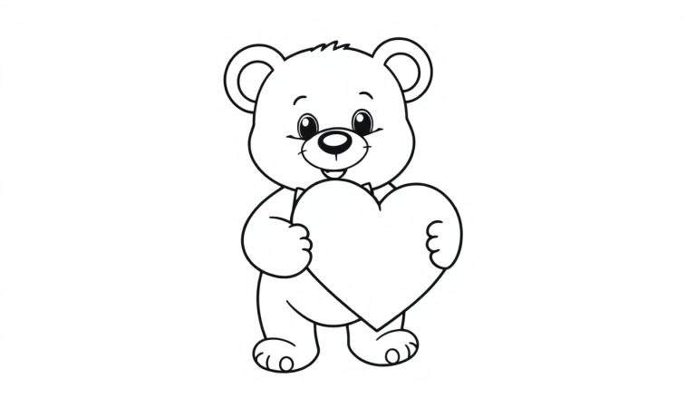 A cute teddy bear in a black and white outline, holding a big heart, perfect for a Valentine's Day color panel.