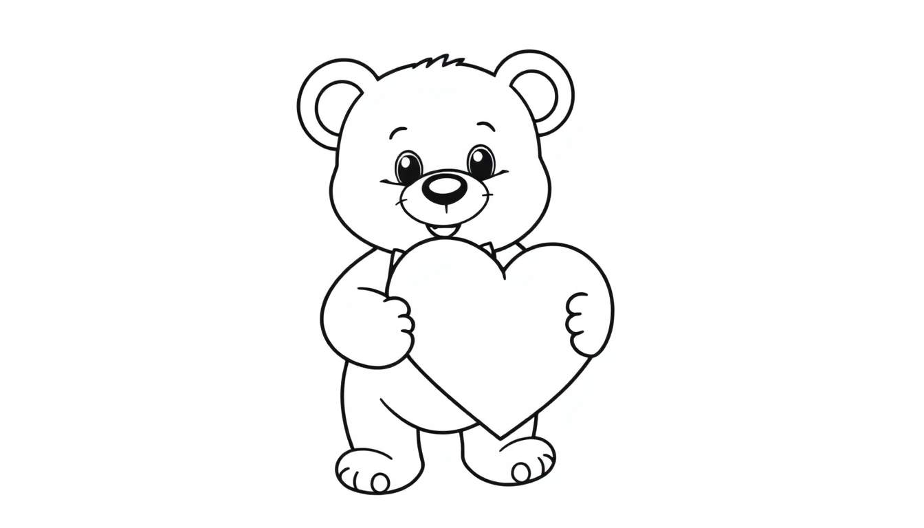 A cute teddy bear in a black and white outline, holding a big heart, perfect for a Valentine's Day color panel.