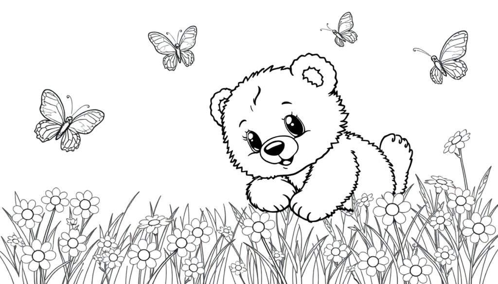 A black and white illustration of a teddy bear lying in a field of daisies, with three butterflies fluttering around. A fun color panel for kids to imagine.