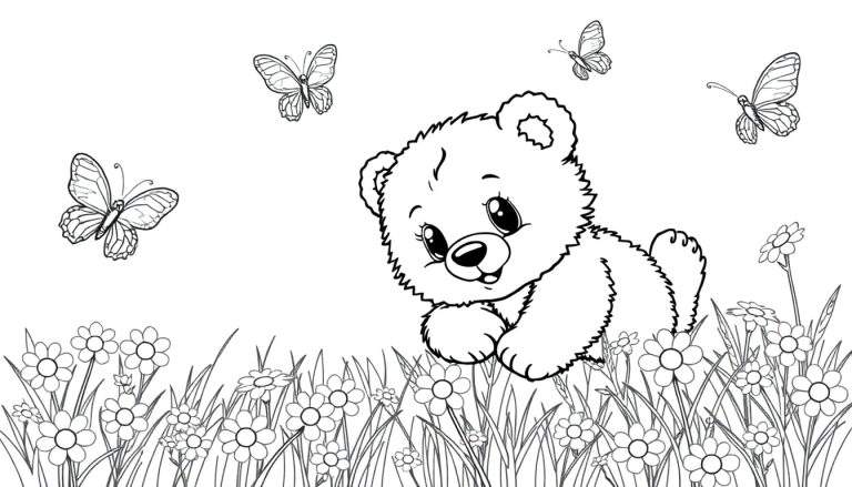 A black and white illustration of a teddy bear lying in a field of daisies, with three butterflies fluttering around. A fun color panel for kids to imagine.