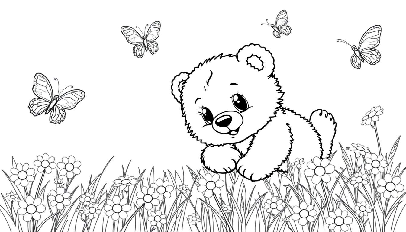 A black and white illustration of a teddy bear lying in a field of daisies, with three butterflies fluttering around. A fun color panel for kids to imagine.