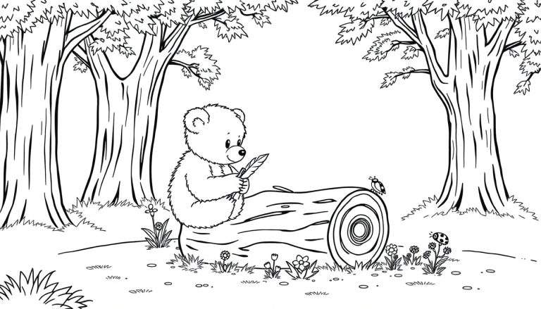 A black and white coloring page of a teddy bear writing with a feather pen in a forest, part of a color panel.