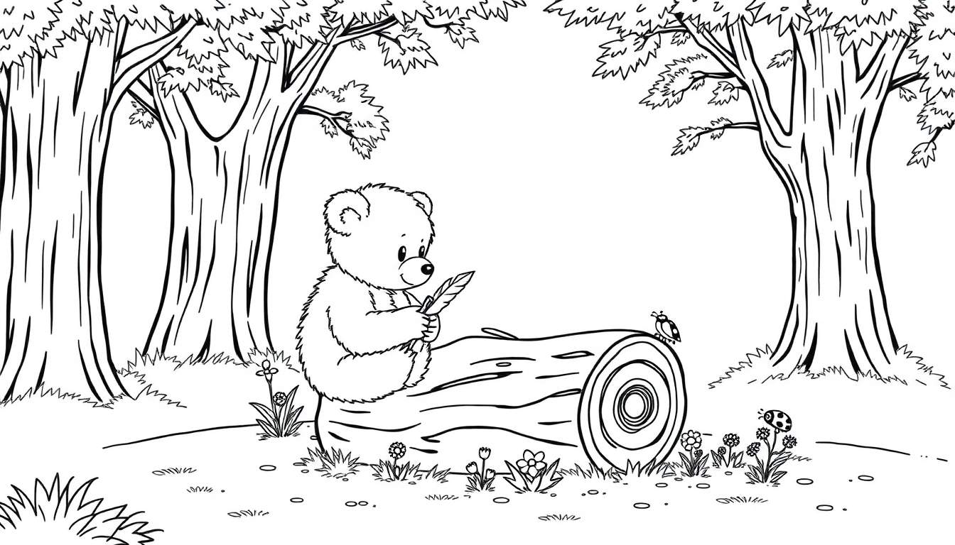 A black and white coloring page of a teddy bear writing with a feather pen in a forest, part of a color panel.