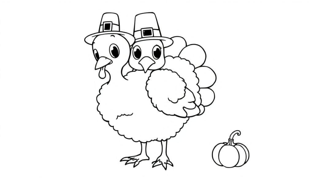 A black and white drawing of two cute baby turkeys wearing pilgrim hats, ready for a color panel.