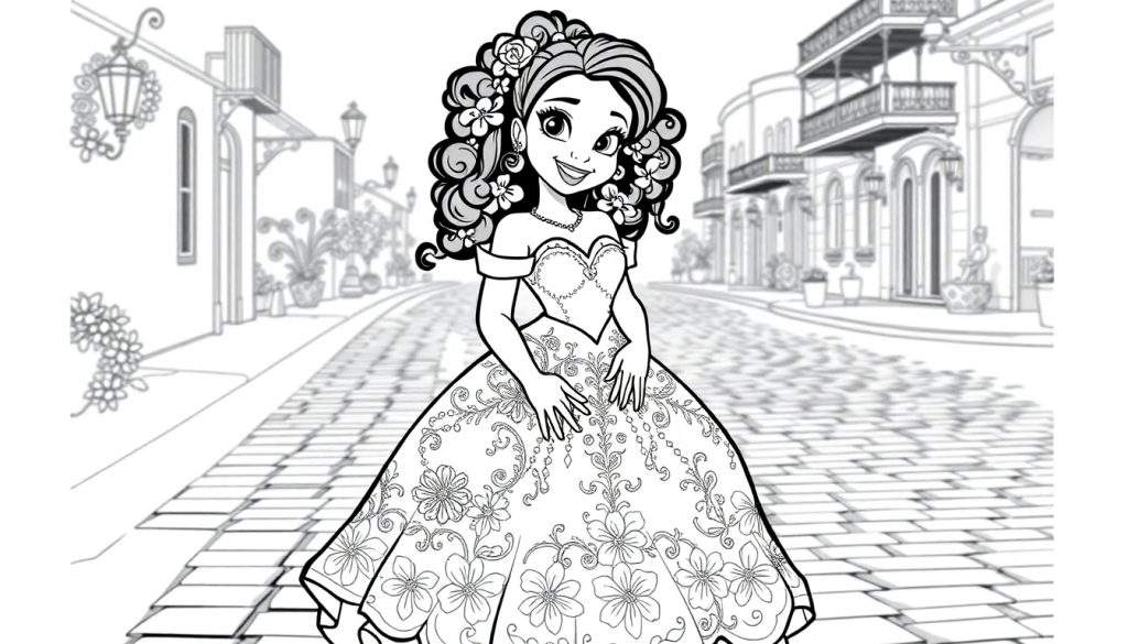 Tiana in a beautiful floral gown on a European street, ready for coloring in this color panel.