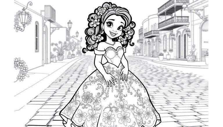 Tiana in a beautiful floral gown on a European street, ready for coloring in this color panel.