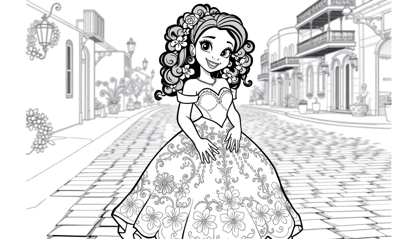 Tiana in a beautiful floral gown on a European street, ready for coloring in this color panel.