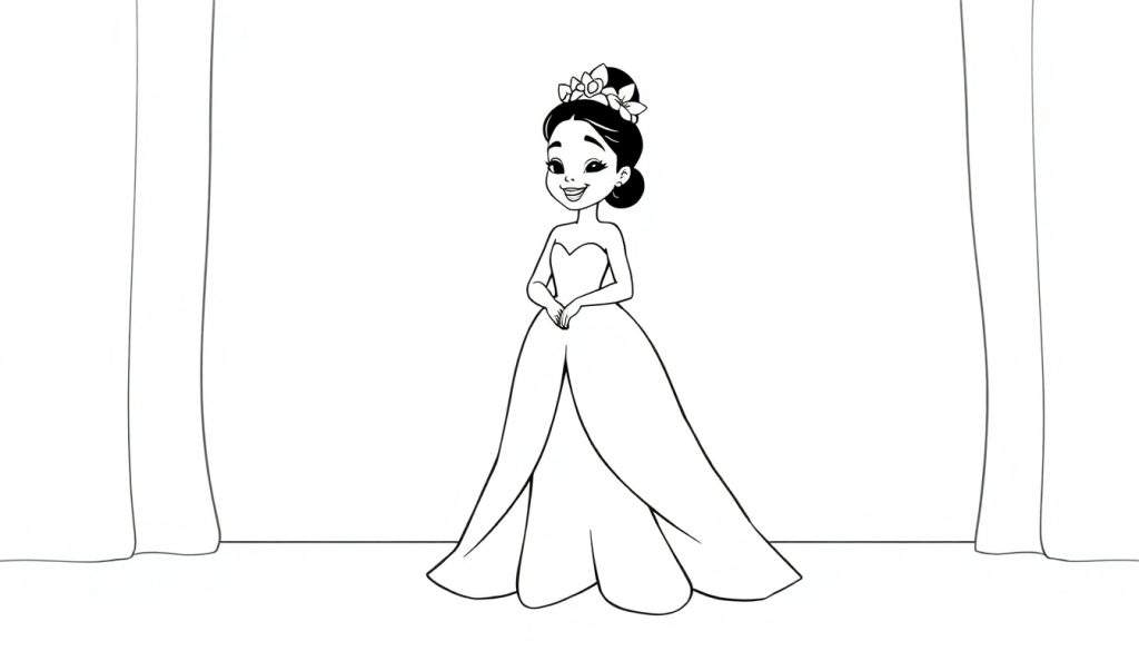 A black and white coloring panel of Tiana in her ball gown, smiling.