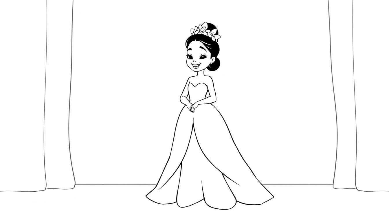 A black and white coloring panel of Tiana in her ball gown, smiling.