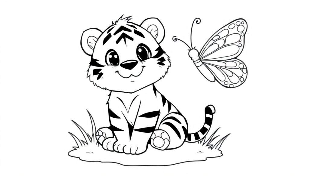 A cute tiger cub and butterfly on a grassy color panel.
