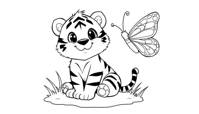 A cute tiger cub and butterfly on a grassy color panel.