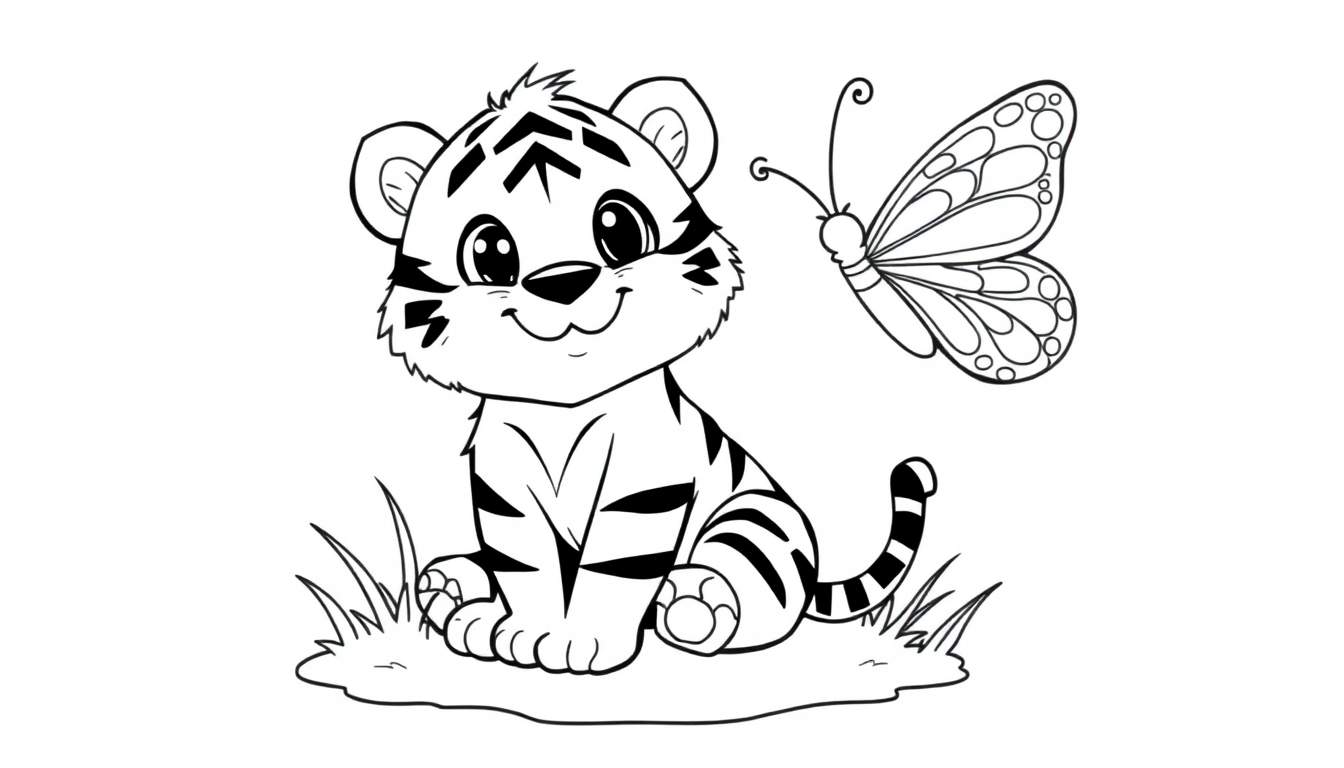 A cute tiger cub and butterfly on a grassy color panel.