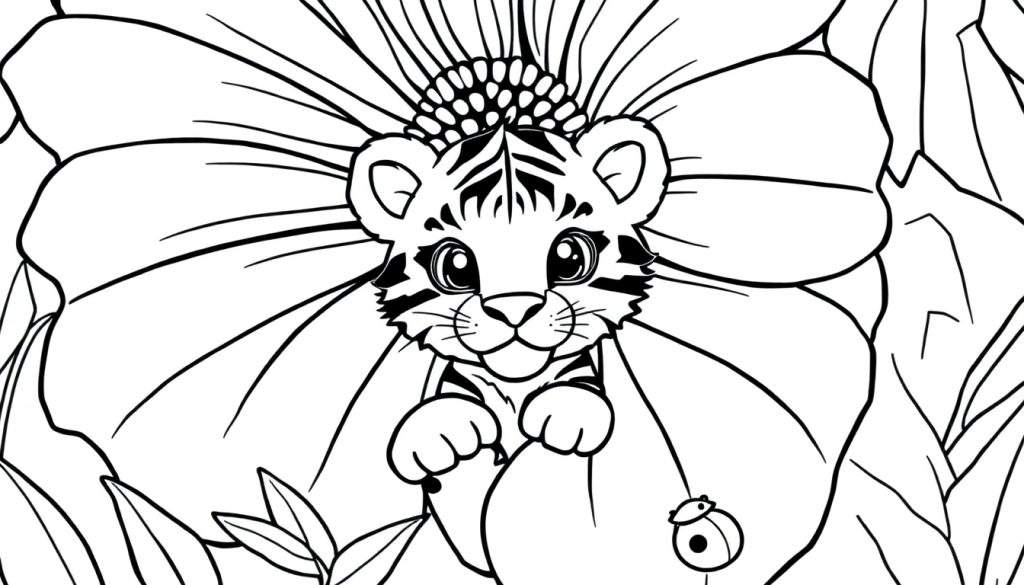 A cute tiger cub peeking out from a colorful flower, ready for coloring. This color panel features a friendly tiger cub and a giant flower.