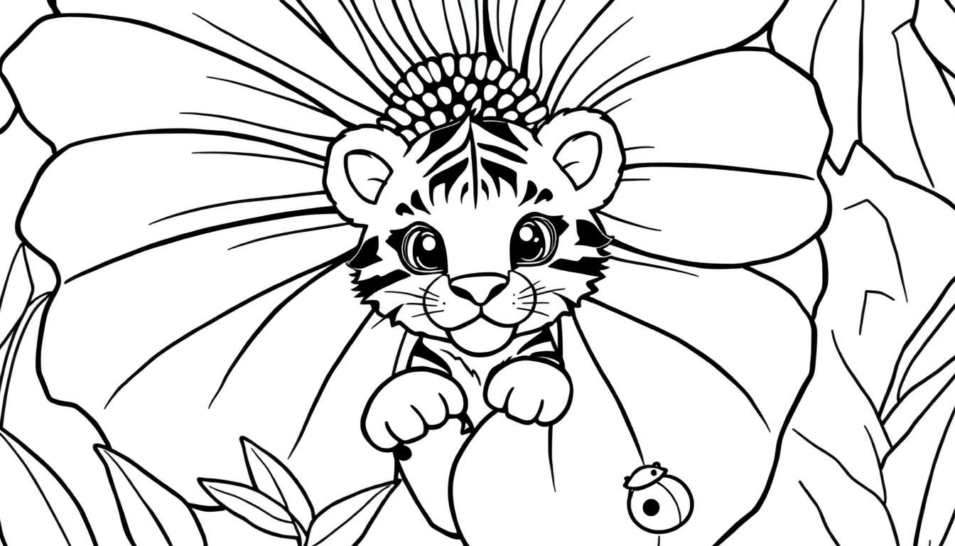 A cute tiger cub peeking out from a colorful flower, ready for coloring. This color panel features a friendly tiger cub and a giant flower.