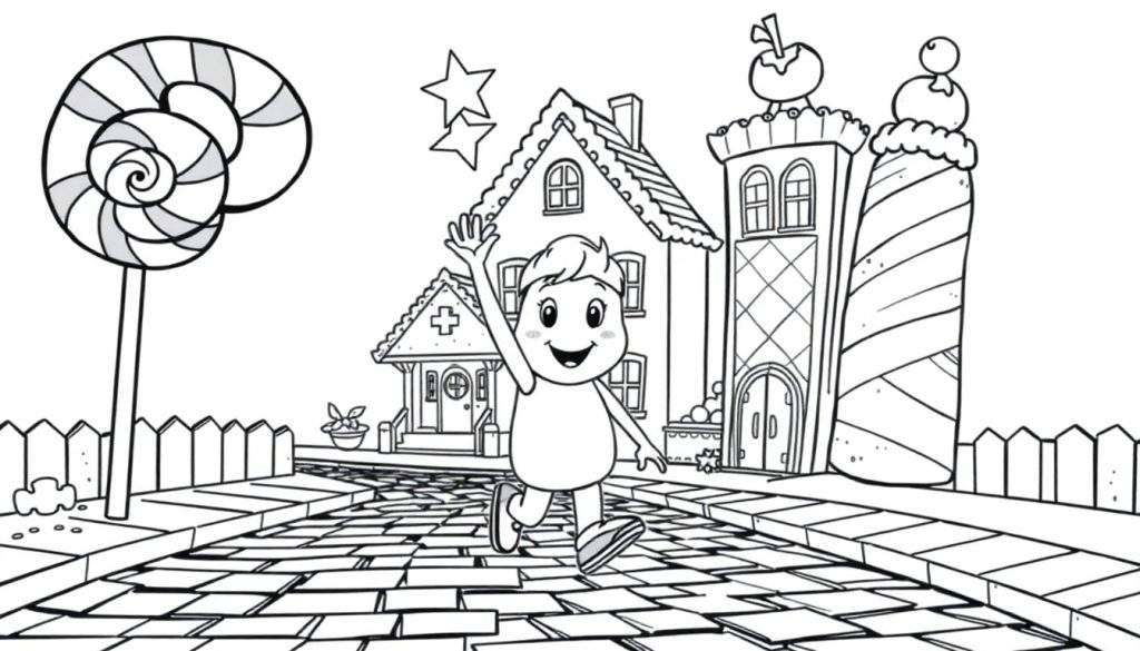 A cheerful Toca Boca character exploring a sweet, candy-themed town in a black and white coloring panel.