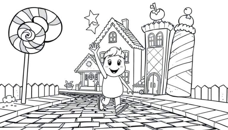 A cheerful Toca Boca character exploring a sweet, candy-themed town in a black and white coloring panel.