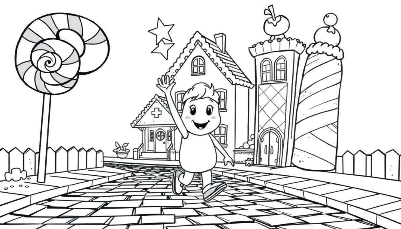 A cheerful Toca Boca character exploring a sweet, candy-themed town in a black and white coloring panel.