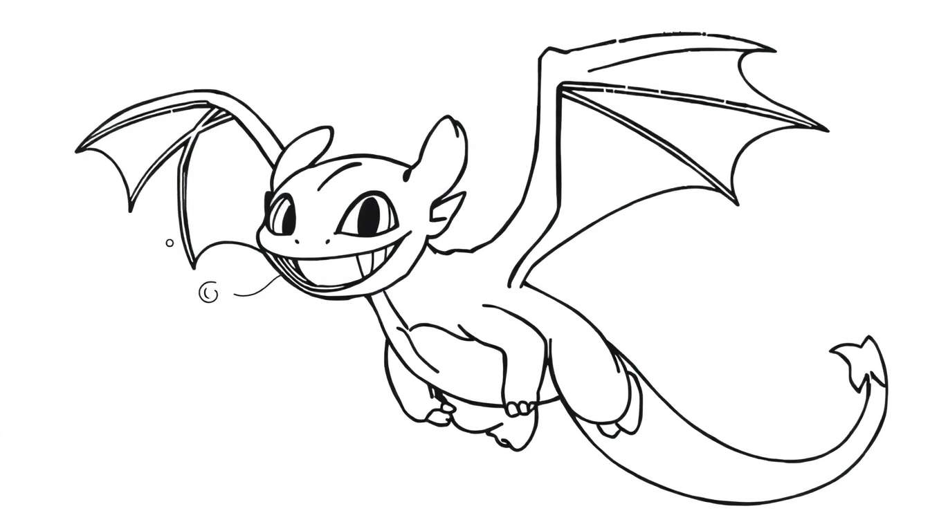 A black and white line drawing of Toothless flying, ready for a color panel adventure!