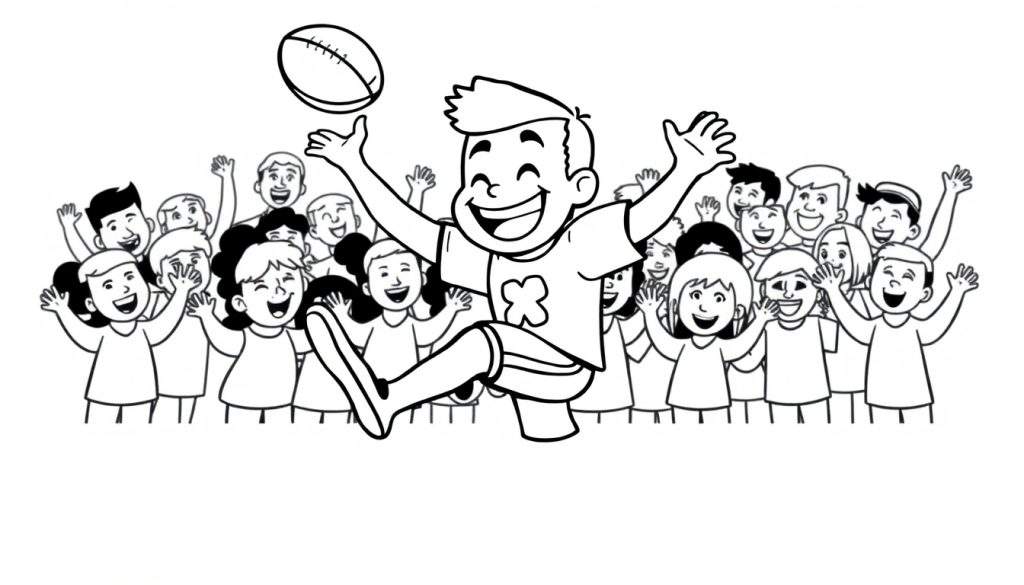 A black and white cartoon color panel of a joyful boy in a t-shirt with an 'X' jumping with his arms up, a football above his hand, and cheering fans behind him.