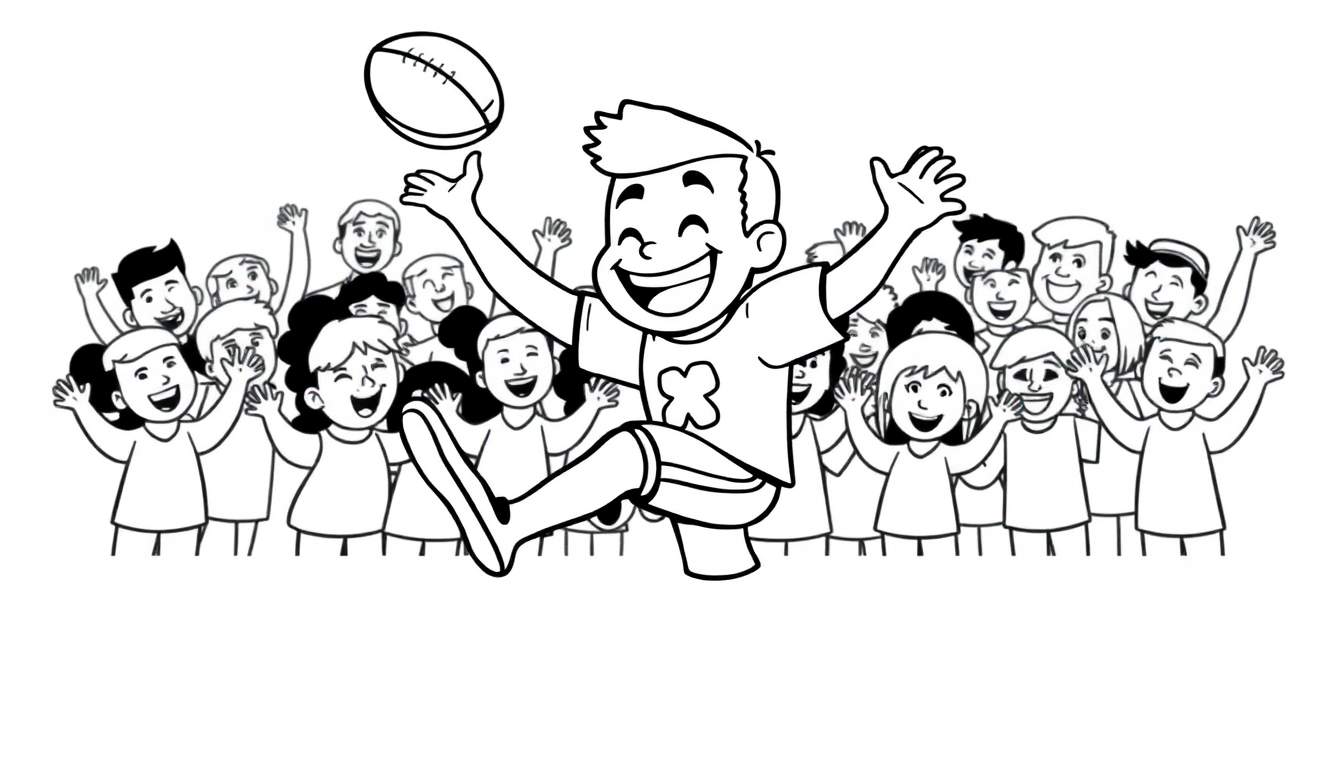 A black and white cartoon color panel of a joyful boy in a t-shirt with an 'X' jumping with his arms up, a football above his hand, and cheering fans behind him.