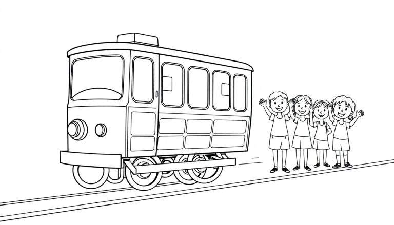 A black and white line drawing of a tram and four children waving, ready for a color panel.