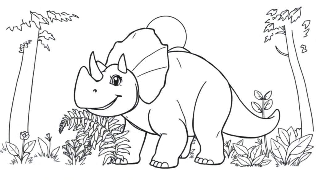 A friendly Triceratops coloring panel with a smiling face and three horns.