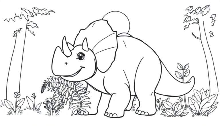 A friendly Triceratops coloring panel with a smiling face and three horns.