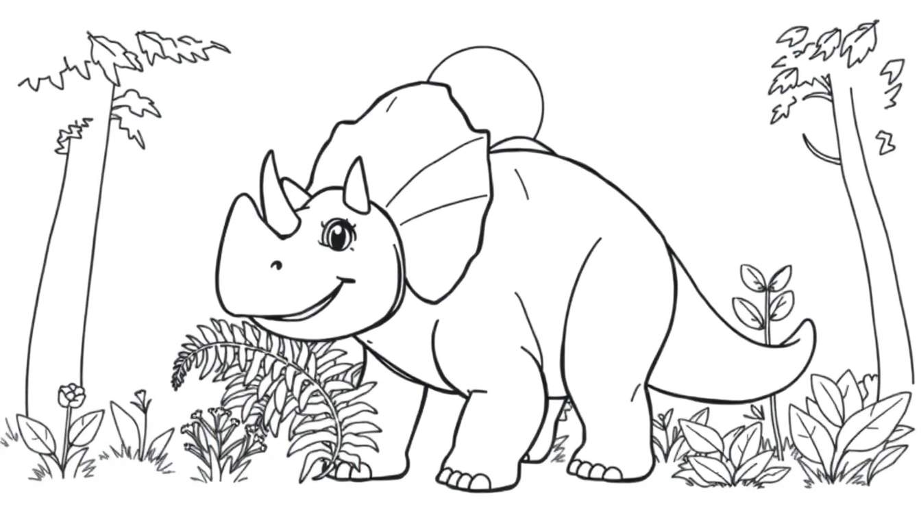 A friendly Triceratops coloring panel with a smiling face and three horns.